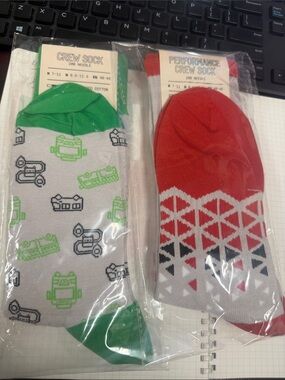 Crew Sock Two-Pack — Green Accent Printed & Red Geometric Socks
